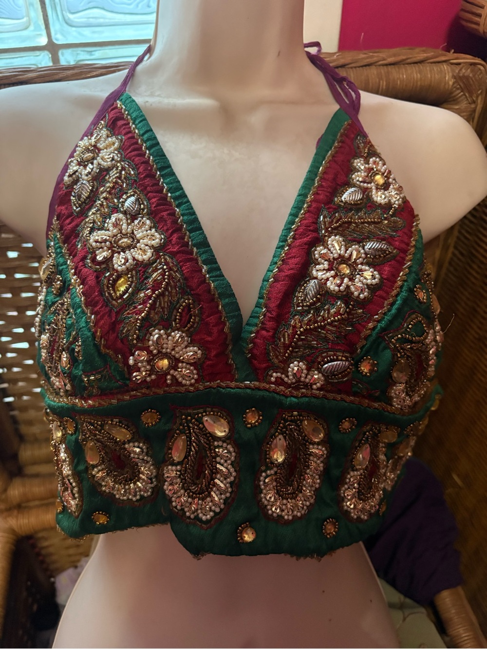 Boho Embellished Green and Red Beaded Halter Top recycled saree hippie rave